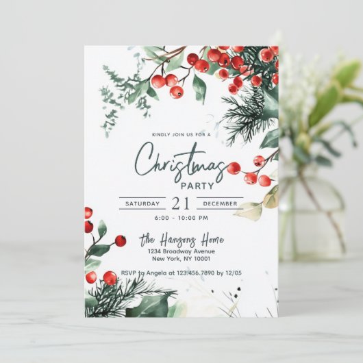 Elegante Winter Greenery kerstfeest uitnodiging (Staand voorkant)