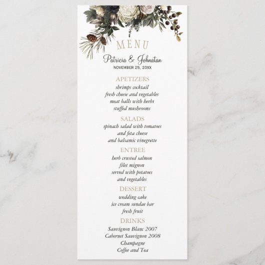 Elegante winter groen chique bloemenbruiloft menu (Voorkant)