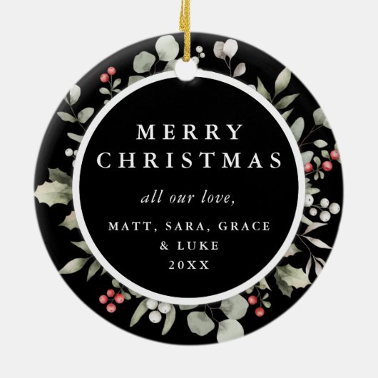 Elegante winter groen krans 1 foto keramisch ornament (Achterkant)