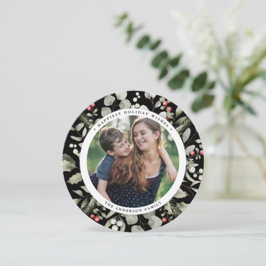 Elegante winter groen krans 1 foto rond feestdagenkaart (Staand voorkant)