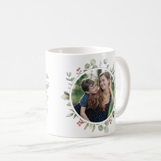 Elegante winter groen krans 2 foto vakantie koffiemok (Voorkant rechts)