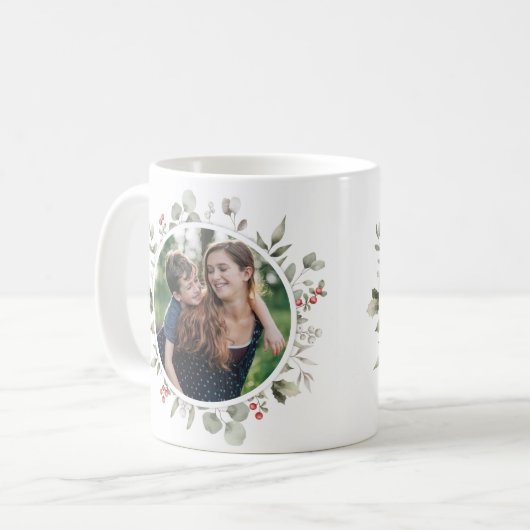 Elegante winter groen krans 2 foto vakantie koffiemok (Voorkant links)