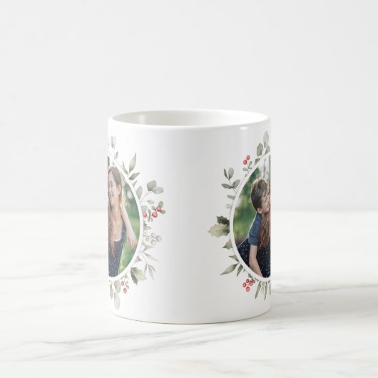 Elegante winter groen krans 2 foto vakantie koffiemok (Center)