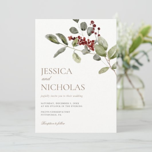 Elegante Winter Holly Branch bruiloft Kaart (Staand voorkant)