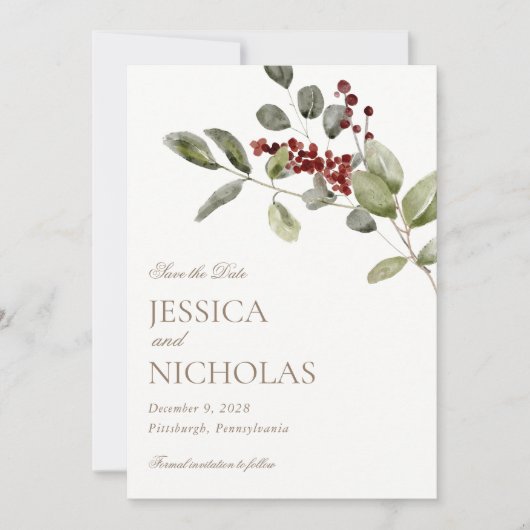 Elegante Winter Holly Wedding Save the Date Kaart (Voorkant)