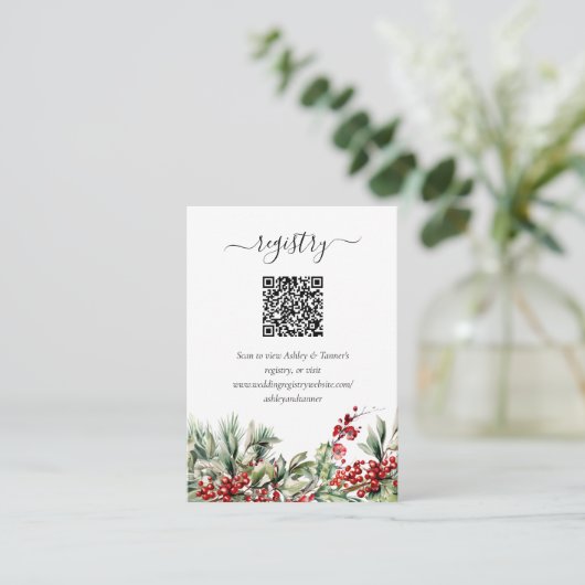 Elegante Winter Kerst Wedding Registry QR Code Informatiekaartje (Staand voorkant)