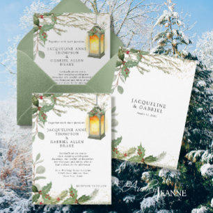 Elegante winter Kerstlantaarn Rode Holly bruiloft Kaart