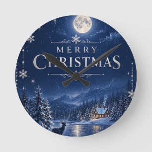 Elegante Winter Kerstmis, Middennacht Navy Besneeu Ronde Klok