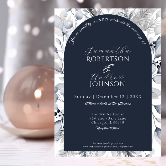 Elegante Winter Marine Blauwe Botanische Boog Huwe Kaart