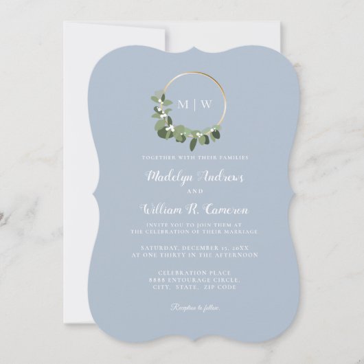 Elegante Winter Monogram Blauwe Scalloped Trouw  Kaart (Voorkant)