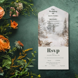 Elegante Winter Mountain Forest bruiloft All In One Uitnodiging