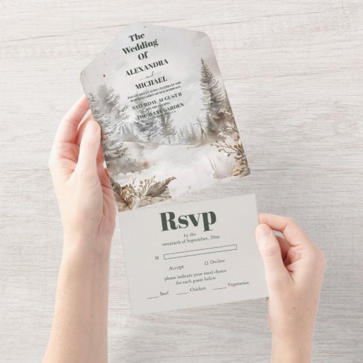 Elegante Winter Mountain Forest bruiloft All In One Uitnodiging (Afscheurbaar)