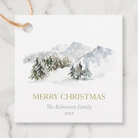 Elegante Winter Mountain Kerstmis Bedankjes Labels (Voorkant)
