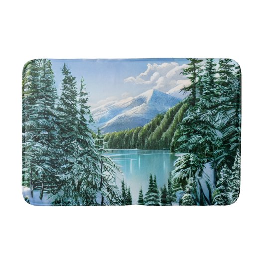 Elegante Winter Mountain Lake Pine Trees Natuur Badmat (Voorkant)