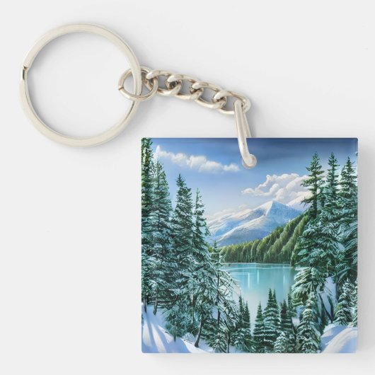 Elegante Winter Mountain Lake Pine Trees Natuur Sleutelhanger (Voorkant)