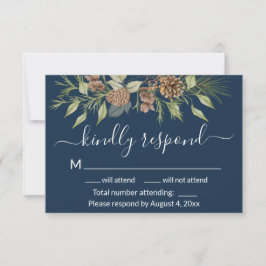Elegante winter navyblauwe dennen bruiloft RSVP ka Bedankkaart
