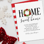 Elegante Winter Nieuwe Huis Housewarming Party Kaart<br><div class="desc">Uitnodigingen met een sneeuwwitte achtergrond,  het gezegde "HOME SWEET HOME",  een kerstkrans en de details van het huisfeest.</div>
