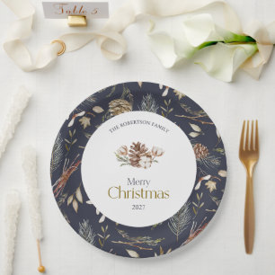 Elegante winter papieren borden met dennenappels bordje