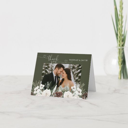 Elegante Winter Pine Fotobruiloft Bedankkaart (Voorkant)