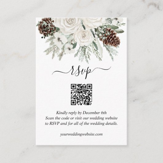 Elegante Winter Pine QR Code Wedding RSVP Informatiekaartje (Voorkant)