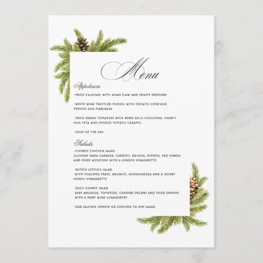 Elegante Winter Pines Kerstmis bruiloft charme Menu (Voorkant)