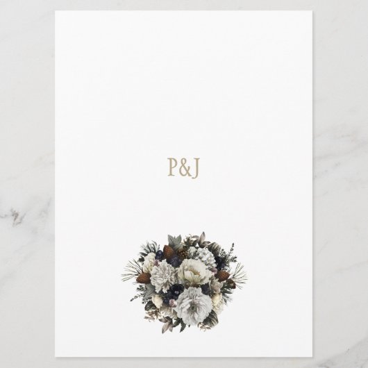 Elegante winter pioenen en gebladerte bruiloft men menu (Achterkant)