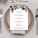 Elegante winter pioenen en gebladerte bruiloft men menu<br><div class="desc">Bewerkbare tekst bruiloft monogram receptie menu met prachtige witte en ivoren bloemen en groene boeketten met seizoensgebonden gebladerte,  takken,  pinecones,  en bladeren.                Ideaal voor uw winter botanische thema bruiloften.            Voor gecooerdineerde huwelijksartikelen zie het hele collectie onder het hoofdafbeelding.</div>