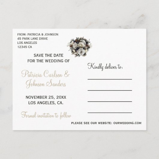 Elegante winter pioenen goud save datum bruiloft aankondigingskaart (Achterkant)