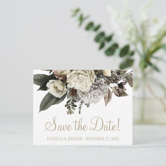 Elegante winter pioenen goud save datum bruiloft aankondigingskaart (Staand voorkant)