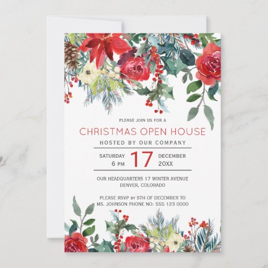 Elegante Winter rode bloemen Kerstmis open huis Kaart (Voorkant)
