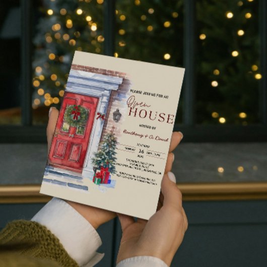 Elegante Winter Rode Deur Logo Open Huis Kerstmis Kaart