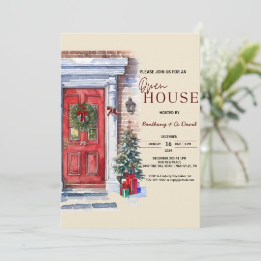 Elegante Winter Rode Deur Logo Open Huis Kerstmis Kaart (Staand voorkant)