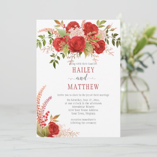 Elegante Winter Rode Rozen en Groen Bruiloft | Kaart (Staand voorkant)