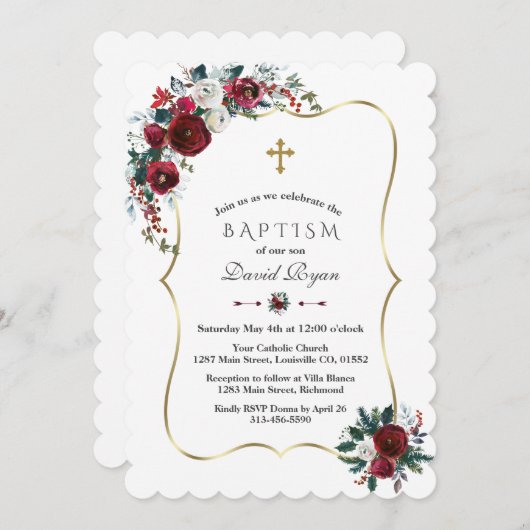 Elegante Winter Roze Bloemen Dennentak Doop Uitnod Kaart (Voorkant / Achterkant)