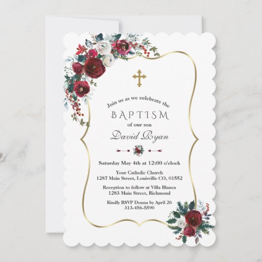 Elegante Winter Roze Bloemen Dennentak Doop Uitnod Kaart (Voorkant)