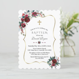 Elegante Winter Roze Bloemen Dennentak Doop Uitnod Kaart