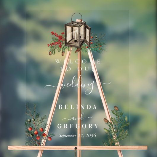 Elegante winter rustieke dennenbomen lantaarn brui acryl bord (Neutraal)