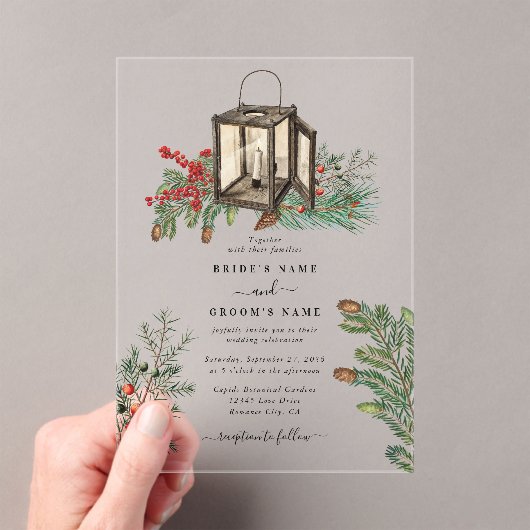 Elegante winter rustieke dennenbomen lantaarn brui acryl uitnodigingen (Insitu (Draagbaar))