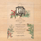 Elegante winter rustieke dennenbomen lantaarn brui acryl uitnodigingen (Voorkant)