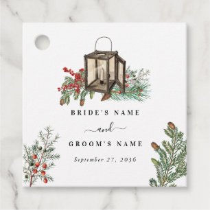 Elegante winter rustieke dennenbomen lantaarn brui bedankjes labels