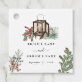 Elegante winter rustieke dennenbomen lantaarn brui bedankjes labels (Voorkant)
