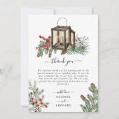 Elegante winter rustieke dennenbomen lantaarn brui bedankkaart (Voorkant)