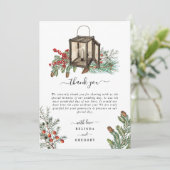 Elegante winter rustieke dennenbomen lantaarn brui bedankkaart (Staand voorkant)