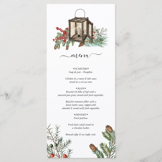 Elegante winter rustieke dennenbomen lantaarn brui menu (Voorkant)