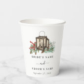 Elegante winter rustieke dennenbomen lantaarn brui papieren bekers (Achterkant)