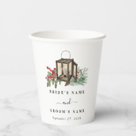 Elegante winter rustieke dennenbomen lantaarn brui papieren bekers