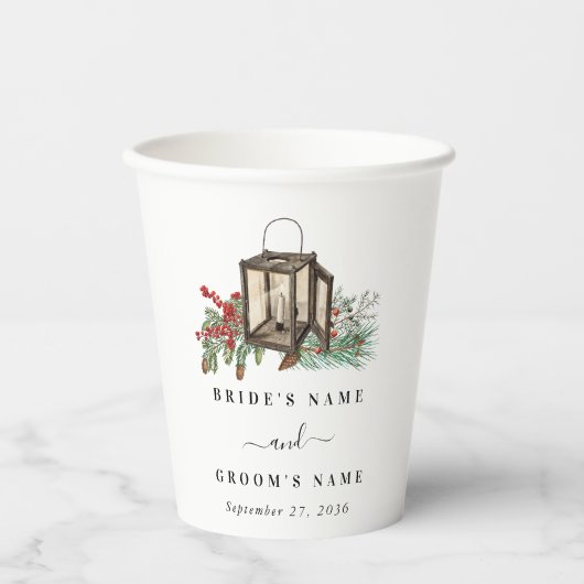 Elegante winter rustieke dennenbomen lantaarn brui papieren bekers (Voorkant)