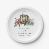 Elegante winter rustieke dennenbomen lantaarn brui papieren bordje (Voorkant)