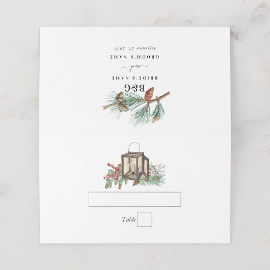 Elegante winter rustieke dennenbomen lantaarn brui plaatskaartje (Buitenkant ongevouwen)