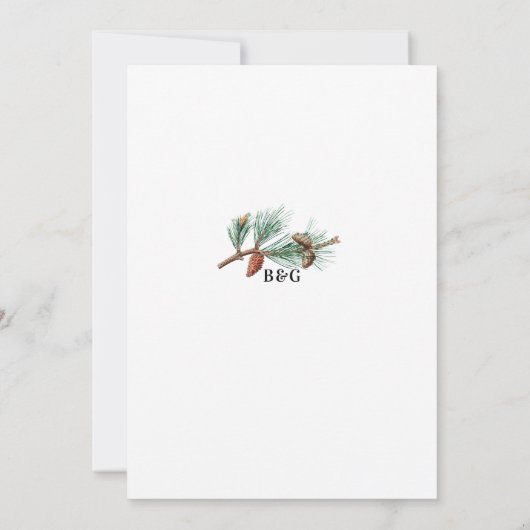 Elegante winter rustieke dennenbomen lantaarn brui save the date (Achterkant)